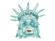 Paul Myrick's digital watercolor parody of the head of the Statue of Liberty. Coloring is verdi gris and she is wearing red lipstick and has blue eyebrows.
