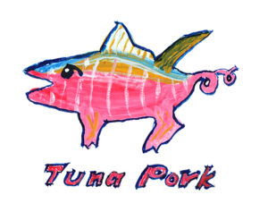 Paul Myrick's watercolor artwork of the "Tuna Pork" creature. Depicts a colorful creature that looks like a cross between a tuna fish and a pig.