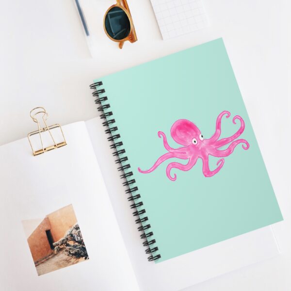 Pink Octopus watercolor artwork on seafoam green spiral notebook by Paul Myrick