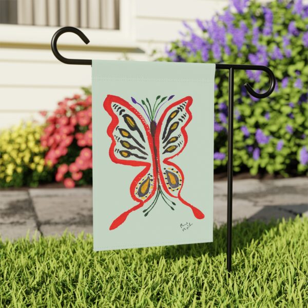 garden banner featuring Paul Myrick's butterfly artwork
