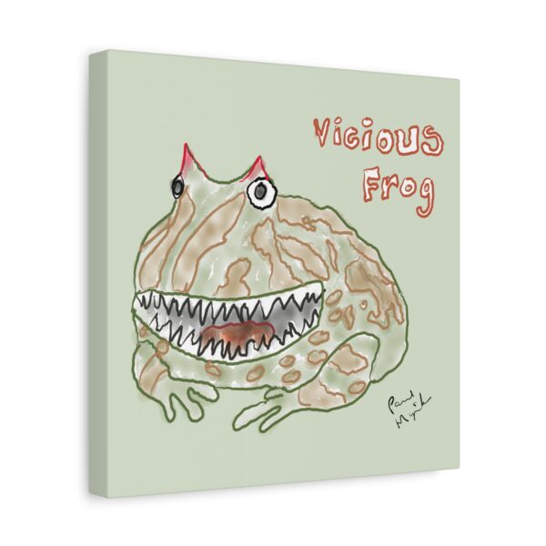 Vicious Frog watercolor artwork printed on a canvas wrap with a Soft Moss Green background.