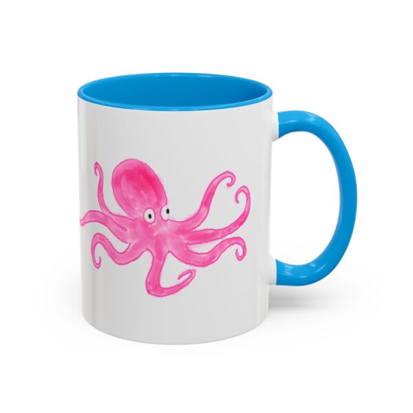 Pink Octopus watercolor artwork on a ceramic coffee mug by Paul Myrick