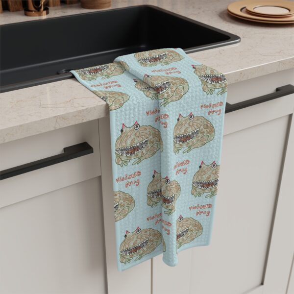Vicious Frog watercolor artwork printed on a tea towel with a Pale Aqua Mist background.