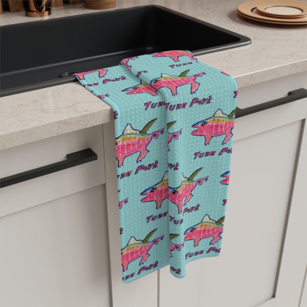 Whimsical Tuna Pork artwork by Paul Myrick on kitchen tea towel