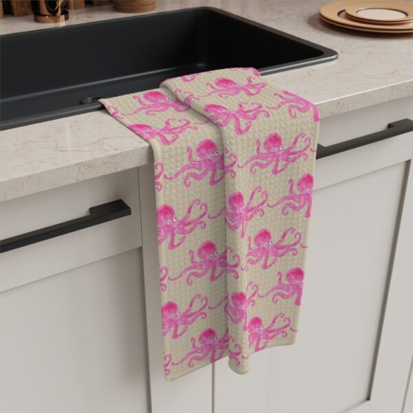 Pink Octopus watercolor artwork on warm sand tea towel by Paul Myrick