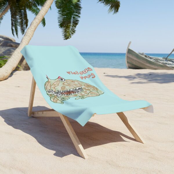 Vicious Frog watercolor artwork printed on a beach towel with a Light Aqua background.