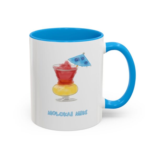 coffee mug with a blue handle featuring Paul Myrick's Molokai Mike tiki drink watercolor artwork