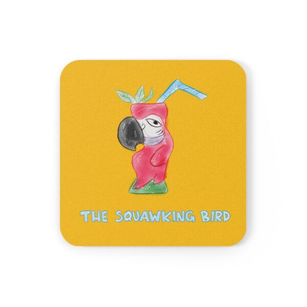 A yellow coaster featuring Paul Myrick's The Squawking Bird artwork