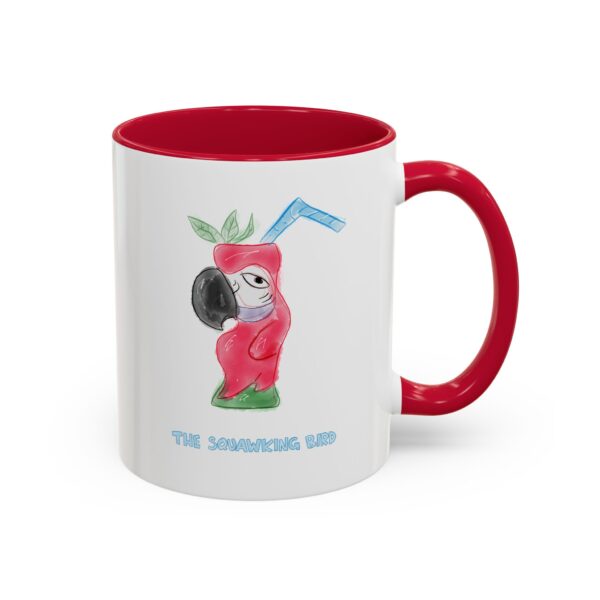 A coffee mug with a red handle featuring watercolor artwork of a red parrot, Paul Myrick's The Squawking Bird