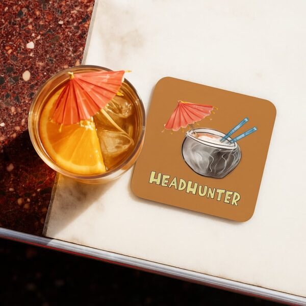 Headhunter Cork Coaster | Tiki Drink Watercolor Art by Paul Myrick | Funny Polynesian Pop Bar Decor