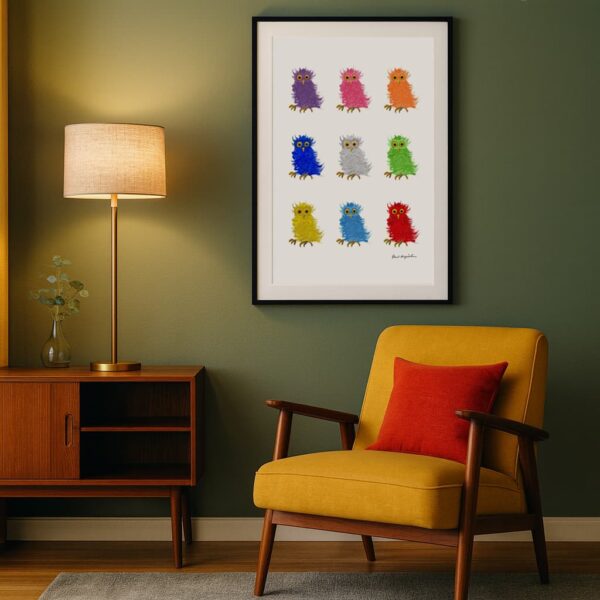Paul Myrick's Barn Owl poster shown in a mid century modern living room