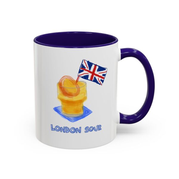 coffee mug with dark blue handle featuring Paul Myrick's London Sour tiki drink artwork