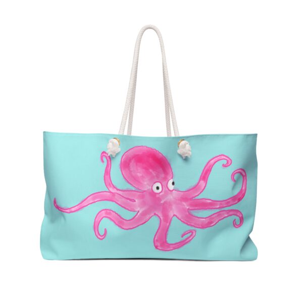 Pink Octopus watercolor artwork on a light aqua weekender bag by Paul Myrick