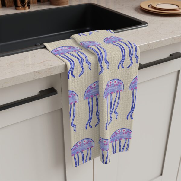 Jellyfish watercolor artwork on sandstone beige tea towel by Paul Myrick
