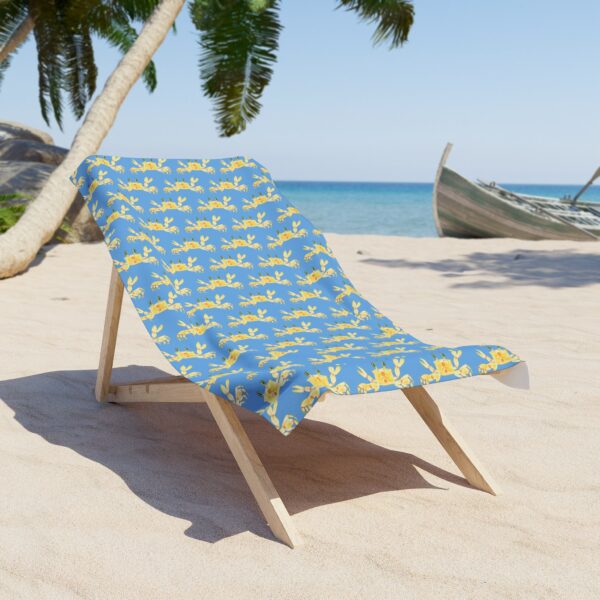 Crab beach towel with watercolor artwork by The Parodies — full view