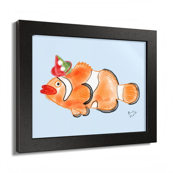 Clown fish framed poster on pale sky blue background by Paul Myrick