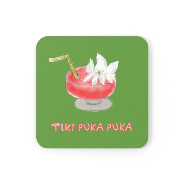 Green coaster with Tiki Puka Puka watercolor artwork by Paul Myrick