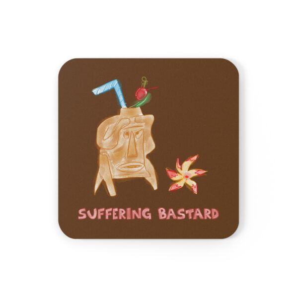 a brown coaster featuring Paul Myrick's Suffering Bastard watercolor tiki artwork