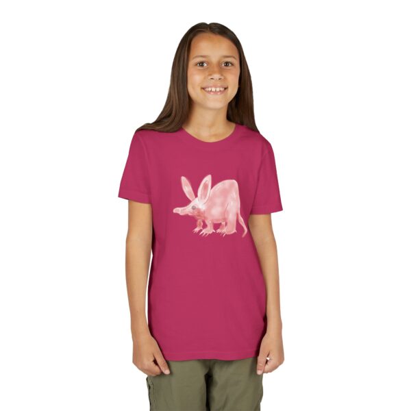 Cute pink aardvark illustration on a children’s Bella+Canvas 3001Y shirt.