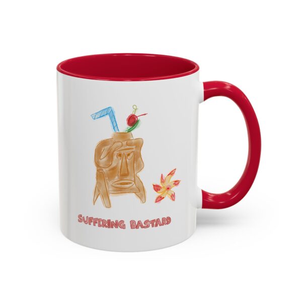 coffee mug with a red handle featuring Paul Myrick's Suffering Bastard tiki drink artwork
