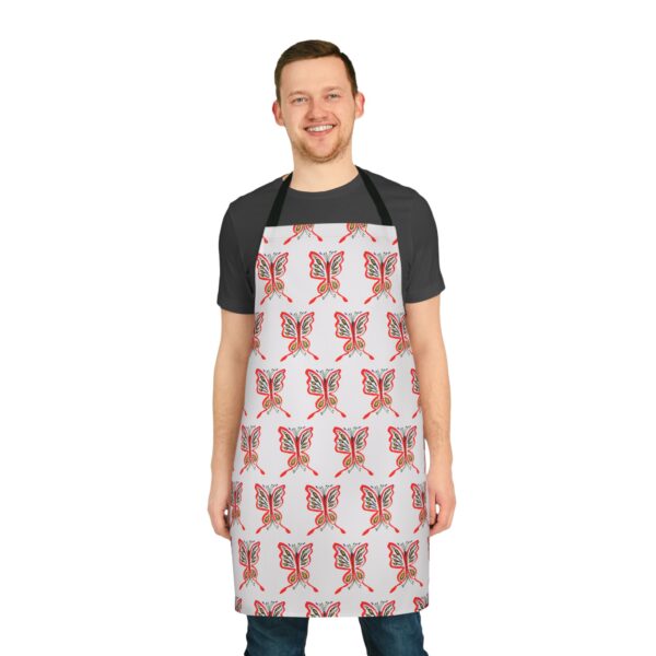 All-over patterned apron featuring butterfly watercolor artwork by Paul Myrick from The Parodies.