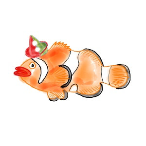 clownfish_red_green_hat_300x300px_squoosh clown fish with red and green clown hat parody artwork
