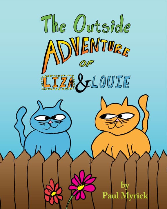 Liza and Louie book cover depicting two cartoon cats sitting on a fence