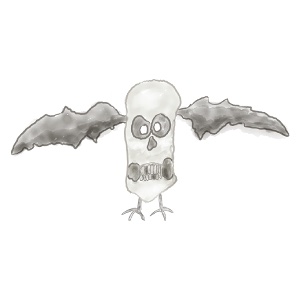 skull_with_owl_wings_the_three_stooges_300x300px Skull with Wings – Three Stooges–inspired spooky watercolor by Paul Myrick